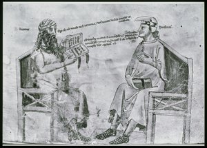 Ms Lat 6823 fol.2 Averroes (1126-98) keskustelussa Porfyryn kanssa (n. 232-n. 305) (kynä ja muste ja pesu paperille) tekijältä Italian School