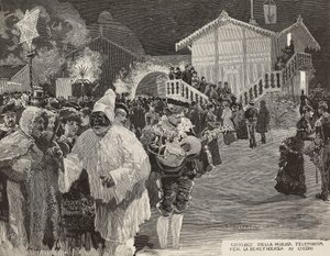 Musiikkikioski rahan keräämiseksi sokeille, Pulcinella-naamio, karnevaali Napolissa, Italiassa, kaiverrus Matanian piirroksesta, kaiverrus Gamberonista L