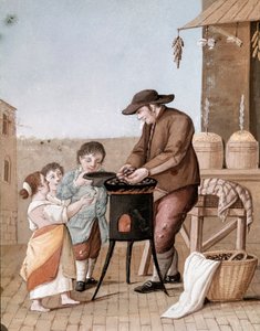 Napolilaiset pienet työt: kastanjoiden myyjä - (Vanha kauppa: kastanjanmyyjä) 1800-luvun akvarelli - Napoli Museo Nazionale di San Martino tekijältä Italian School