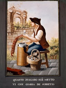 Napolilaiset pienet työt: sorbetin myyjä - (Vanha kauppa: jäätelön myyjä) 1800-luvun akvarelli - Napoli Museo Nazionale di San Martino tekijältä Italian School