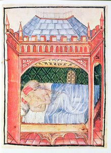 Nouv Acq Lat 1673 fol.100 Pariskunta sängyssä, Tacuinum Sanitatis, n. 1390-1400 tekijältä Italian School