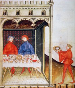 Nova 2644 Fol.53r Maistelu keitettyä vehnää, Tacuinum Sanitatis Codex Vindobonensis tekijältä Italian School