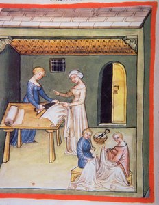 Nova 2644 fol.105v The Tailors Shop: Pellavavaatteet, Tacuinum Sanitatis tekijältä Italian School