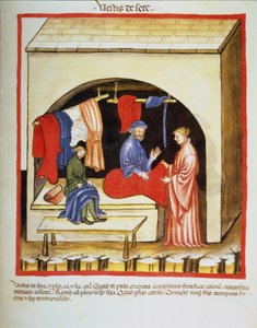 Nova 2644 fol.106r The Tailors Shop : Silkkivaatteita, valmistaja Tacuinum Sanitatis tekijältä Italian School