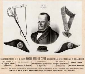Camillo Benso conte di Cavourin (1810-1861) käyttämät esineet - hatut ja hänen poliittisten ja diplomaattisten tehtäviensä tunnusmerkit sekä Pyhän Mauritiuksen ja Pyhän Lasaruksen ritarikunnan suuri köysi (Ordine dei Santi Maurizio e Lazzaro) - Kaiverrus 1 tekijältä Italian School