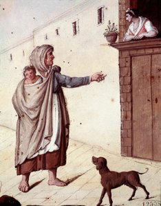 Vanhoja napolilaisia tapoja: kerjäläinen ja hänen lapsensa Napolin kaduilla - (vanhat napolilaiset kaupat: kerjäläinen) 1800-luvun akvarelli - Napoli Museo Nazionale di San Martino tekijältä Italian School