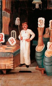Vanha ruokalaji: pastamyyjän kauppa. Nimetön detrempe. 1800-luvun 1800-luvun pastan kansallismuseo, Agnesin säätiö, Rooma tekijältä Italian School