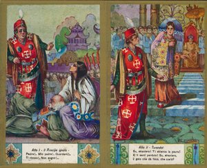 Yksi Puccinin oopperan Turandot kuvitussarjasta (värilitografia). tekijältä Italian School