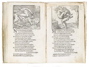 Sivu Pietro Aretinon "Sonetti Lussuriosista", kuvittanut Giulio Romano ja kaivertanut Marcantonio Raimondi, julkaistu Venetsia, n. 1527 tekijältä Italian School
