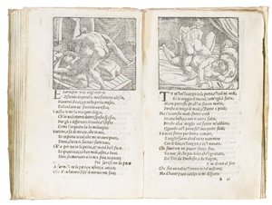 Sivu Pietro Aretinon "Sonetti Lussuriosista", kuvittanut Giulio Romano ja kaivertanut Marcantonio Raimondi, julkaistu Venetsia, n. 1527 tekijältä Italian School