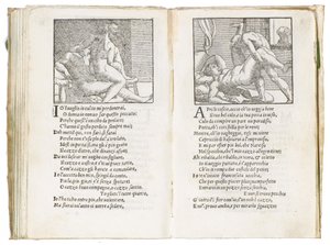 Sivu Pietro Aretinon "Sonetti Lussuriosista", kuvittanut Giulio Romano ja kaivertanut Marcantonio Raimondi, julkaistu Venetsia, n. 1527 tekijältä Italian School