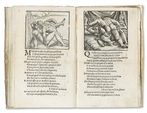 Sivu Pietro Aretinon "Sonetti Lussuriosista", kuvittanut Giulio Romano ja kaivertanut Marcantonio Raimondi, julkaistu Venetsia, n. 1527 (paino & puupiirros) tekijältä Italian School