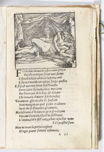 Sivu Pietro Aretinon "Sonetti Lussuriosista", kuvittanut Giulio Romano ja kaivertanut Marcantonio Raimondi, julkaistu Venetsia, n. 1527 (paino & puupiirros) tekijältä Italian School