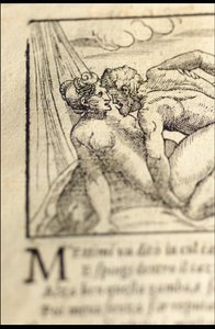 Sivu Pietro Aretinon "Sonetti Lussuriosista", kuvittanut Giulio Romano ja kaivertanut Marcantonio Raimondi, julkaistu Venetsia, n. 1527 (paino & puupiirros) tekijältä Italian School