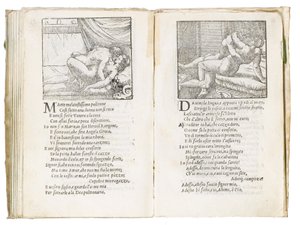 Sivu Pietro Aretinon "Sonetti Lussuriosista", kuvittanut Giulio Romano ja kaivertanut Marcantonio Raimondi, julkaistu Venetsia, n. 1527 (paino & puupiirros) tekijältä Italian School
