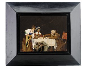 Paneeli, joka kuvaa kavalieria ja munkkia päivällispöydässä naisen kanssa, Menegatti, Firenze, 1800-luvun loppu (pietra dura) tekijältä Italian School