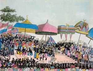 Panoraamanäkymä Yam Customiin, Giulio Ferrarion Costumi dei..., n. 1820-30-luvut tekijältä Italian School