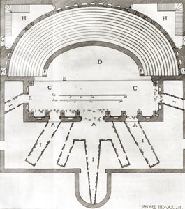 Vicenzan olympiateatterin suunnitelma, suunnitellut Andrea Palladio (1508-80), rakennettu 1580-85 tekijältä Italian School