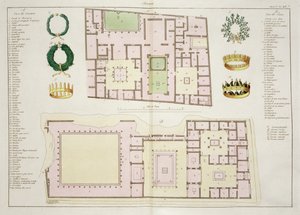 Suunnitelmat Questorin talosta ja Faunin talosta, Pompejista, levy 25A, luokka 5 Kansakuntien historian osasta I (akvatinta) tekijältä Italian School