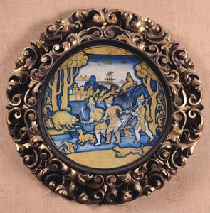 Metsästyskohtauksella koristeltu lautanen, Deruta Workshop, n. 1540-45 (maiolica) tekijältä Italian School
