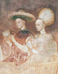 Tarot-korteilla leikkiminen, kohtaus Pelisyklistä, n. 1445-1450, fresko, Palazzo Borromeo, Milano, Lombardia, Yksityiskohta, Italia tekijältä Italian School