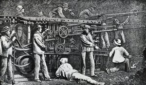 Giovanni Battista Piattin luoma ja Germano Sommeiller (1815-1871) täydentämä pneumaattinen kallioporakone, kaiverrus Italiassa tekijältä Italian School