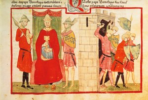 Paavi Bonifatius VIII Anagnissa ja Sciarra Colonnan (Giacomo Colonna) karkottaminen kaupungista, miniatyyri Giovanni Villanin kronikasta, käsikirjoitus Chigi L VIII 296 folio 176 recto, Italia 1300-luku. tekijältä Italian School