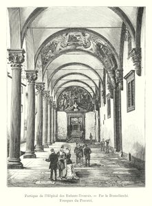 Foundlingin sairaalan portico, kirjoittanut Brunelleschi, freskot Poccetti (kaiverrus) tekijältä Italian School