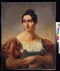 ""Naisen muotokuva"" (Naisen muotokuva) Italian aateliston nuori nainen, pukeutunut mekkoon, jossa on nauhat olkapäillä. Italian koulun maalauksia 1800-luvun alusta. Pushkin-museo, Moskova tekijältä Italian School