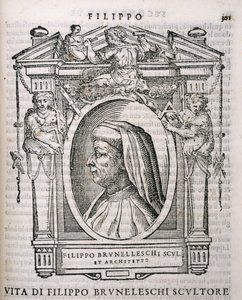 Filippo Brunelleschin (1377-1446) muotokuva Vasariksen taiteilijoiden elämästä, julkaistu ensimmäisen kerran 1550 tekijältä Italian School