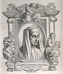 Giotto di Bondonen (n.1267-1337) muotokuva teoksesta Vasaris Lives of the Artists, julkaistu ensimmäisen kerran 1550 tekijältä Italian School