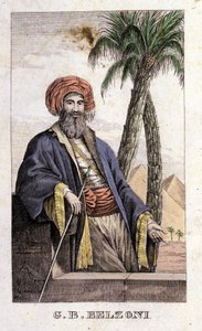 Muotokuva Giovanni Battista (Gianbattista) Belzonista (1778-1823), italialainen tutkimusmatkailija ja arkeologi, joka teki tärkeitä arkeologisia löytöjä Egyptissä. Kaiverrus - kirjassa "Matka Egyptiin ja Nubiaan", kirjoittanut Belzoni, Milano tekijältä Italian School