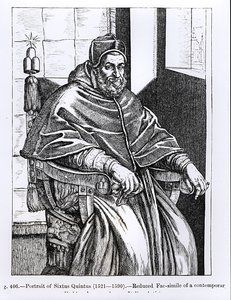 Paavi Sixtus V:n (1520-1590) muotokuva kuvitus teoksesta "Tiede ja kirjallisuus keskiajalla ja renessanssilla", kirjoittanut ja kaivertanut Paul Lacroix, 1878 tekijältä Italian School