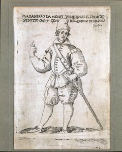 Muotokuva napolilaisesta kalastajasta ja vallankumouksellisesta Masaniellosta (1623-1647) (Masaniellon, napolilaisen kalastajan ja Napolissa vuonna 1647 Habsburgien vallan vastaisen kapinan johtajan muotokuva) Kaiverrus 1600-luvun Museo Nazionale di San Ma tekijältä Italian School