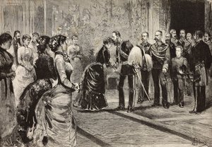 Kuningatar Margherita ja Umberto I vastaanottavat Saksan kruununprinssin (tuleva Frederick III) Quirinalessa, Roomassa, Italiassa, kaiverrus Dante Paoloccin piirustuksesta, L