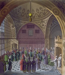 Sulttaanin suurvisiirin läntisten suurlähettiläiden vastaanotto Konstantinopolissa, n. 1820 (värikaiverrus) tekijältä Italian School