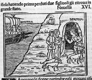 Reet de Beritola. Kuvitus uutisille 16 (toisen päivän uusi 6) "Decameronista"” Giovanni Boccaccio dit Jean Boccaccio (1313-1375), italialainen kirjailija. Kaiverrus "" Decamerone ouer Cento nouelle "" Venetsia, Bartolomeo de 