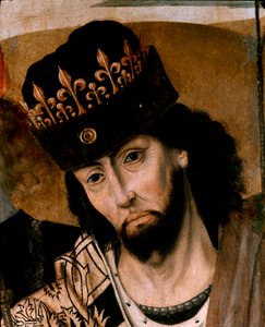 Edustaa Robert I Anjousta (1278-1343), Sisilian kuningasta ja Guelf Party Detailin johtajaa. Napolilaisen koulun maalaus. 1400-luvun loppu. Napoli, Museo Nazionale di Capodimonte tekijältä Italian School
