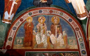 Pyhän Stefanuksen, kristittyjen marttyyrien, Pyhän Thomas Becketin (1118-1170), Canterburyn arkkipiispa ja Myran tai Barin Pyhän Nikolauksen (270-345) edustus Anonyymi fresko (1200-luku) Alakirkko. Pyhän Benedetton luostari (Sacro Speco), Subiaco (Room tekijältä Italian School