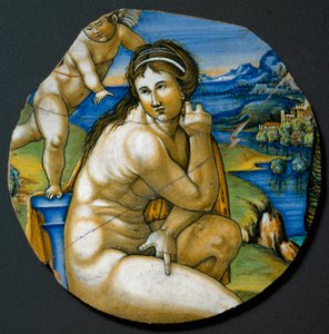 Venuksen esitys. Keraaminen levy valmistettu Faenzassa, Italiassa. 1530 Firenzen ympärillä, Bargellon kansallismuseo tekijältä Italian School