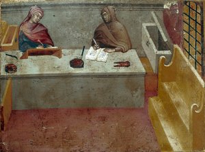 Camerlingvistin, kopioijan avustajan esitys Anonyymi maalaus Bicchernan puulle (Sienan kaupungin kirjanpitorekisterin kansi) 1388. Siena Archivio di Stato, Italia tekijältä Italian School