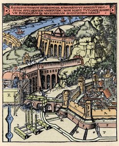 Vesijohdon esitys. Värikaiverrus Vitruvan kirjasta "" De Architectura" (1. vuosisata eKr.) - Gottardo da Ponten painos, Come tekijältä Italian School