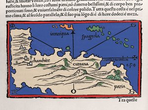Karibian saarten ja Venezuelan rannikoiden edustus. Isolario (saarten kartta), kirjoittanut Benedetto Bordone. Venetsia 1547 tekijältä Italian School
