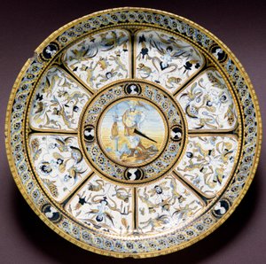 Edustus roomalaisista sankareista Scaevola (Muzio Scevola) Keraaminen levy valmistettu Urbinossa, Italiassa. 1590 noin Firenze, Bargellon kansallismuseo tekijältä Italian School