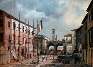 Vuoden 1848 vallankumoukset, Milanon viisi päivää: Porta Nuovan kaaren puolustaminen 19. maaliskuuta (maalaus tekijältä Italian School