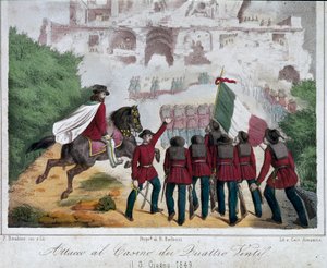 Risorgimento, Rooman tasavalta (Repubblica romana): Giuseppe Garibaldin armeijan sotilaat hevosten selässä yrittävät valloittaa Quattro Ventin huvilan Roomassa 3.6.1849. Litografia Rooman National Museum of the Risorgimento tekijältä Italian School