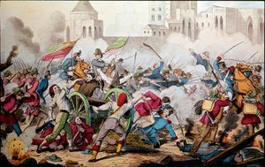 Risorgimento: Palermon taistelut 26. toukokuuta 1860. Tuhannen retkikunta (punaiset paidat). Giuseppe Garibaldi (1807-1882) Palermon ja kapinallisten välillä liittyi hänen kanssaan taistelemaan Napolin Bourbon-valtakunnan sotilaita vastaan. Kaiverrus 19. v tekijältä Italian School