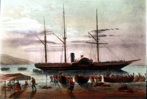 Risorgimento: Giuseppe Missorin, Giuseppe Garibaldin armeijan upseerin (1807-1882) lähtö 8.8.1860 Messinan detroitissa kohti Villa San Giovannin linnoitusta. Kuva 1800-luvulta tekijältä Italian School