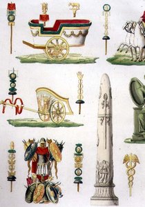 Roomalaiset sotavaunut, palkinnot ja sotilasmonumentit, "Kansojen historian" osan I osan luokan 5 levyn 20 yksityiskohta, kaiverrus Marco Comirato (n. 1800-69) (akvatinta) (katso myös 93291) tekijältä Italian School