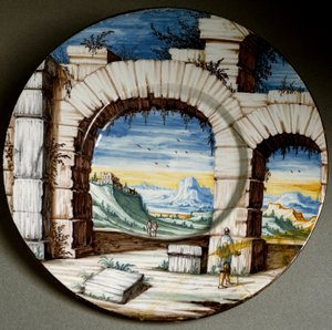Raunio ja maisema. Keraaminen levy valmistettu Angaranossa, Italiassa. Noin 1650 Firenze, Museo Nazionale del Bargello tekijältä Italian School